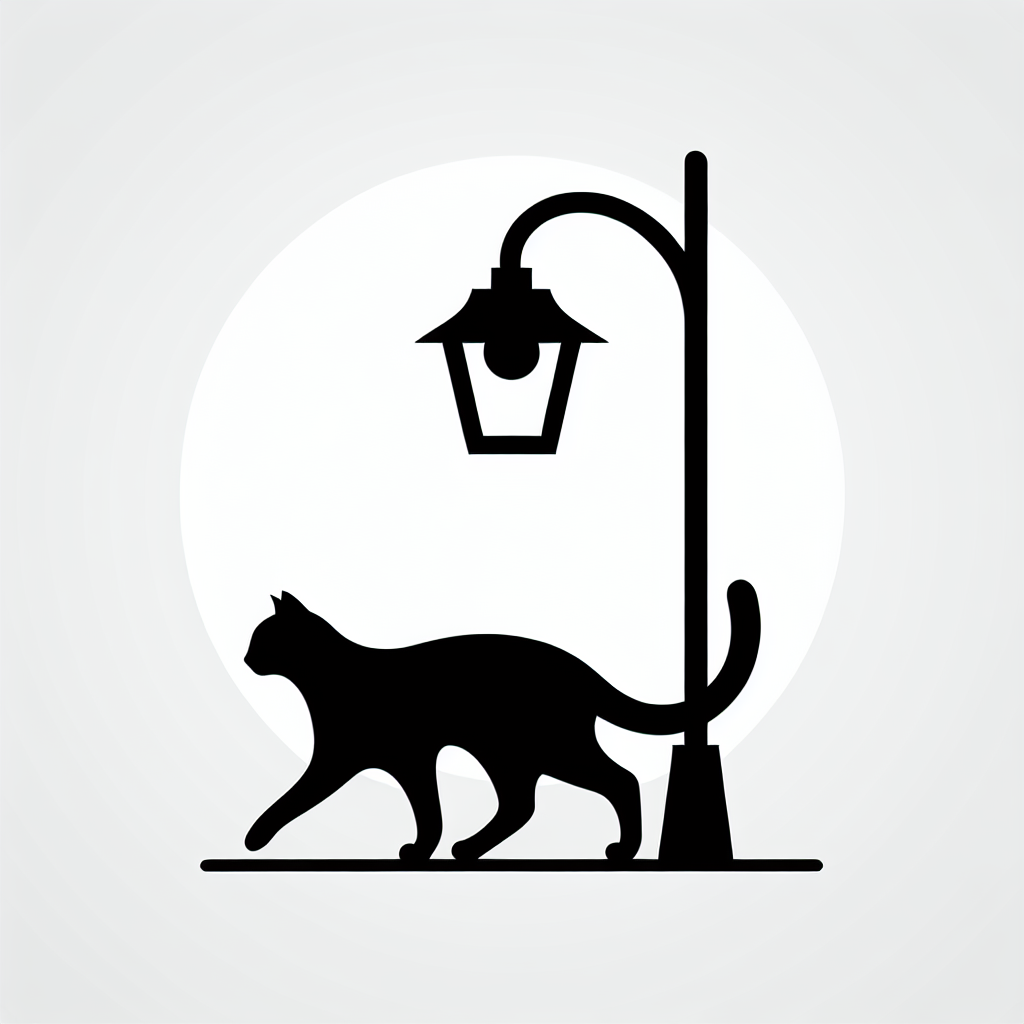 silhouette of a black cat walking past a lamppost